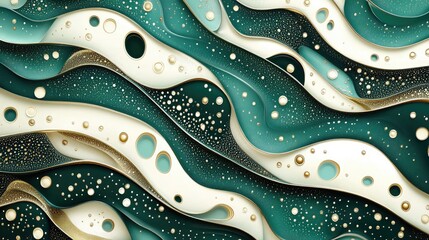 Poster - An intricate pattern of fluid lines and shapes in shades of green and gold, forming an elegant abstract design that adds sophistication and style to any visual project