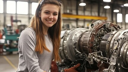 Aufkleber - Confident Young Female Engineer Inspects a Jet Turbine Engine in a Modern Industrial Factory.