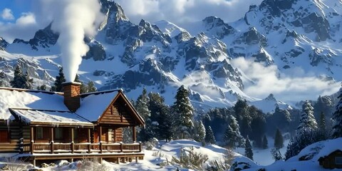 Canvas Print - Rustic cabin nestled in a snowy mountain valley, smoke curling from chimney, 4K Video