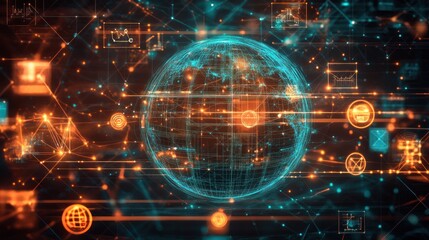 Global network connection, digital data, futuristic technology, worldwide communication.
