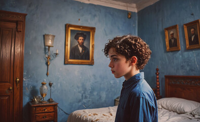 Poster - Boy is standing in front of a bed. The bed is covered with a white sheet. There is a picture on the wall behind the boy