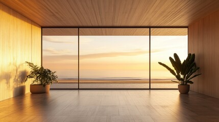 Poster - Modern interior design with expansive wooden gallery featuring a large window overlooking a sunset beach scene Ideal for product display or mockup presentations