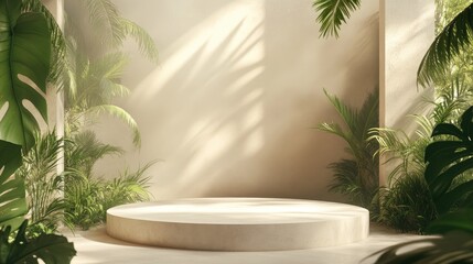 Poster - abstract composition featuring a podium in a soft cream environment ideal for product presentation c