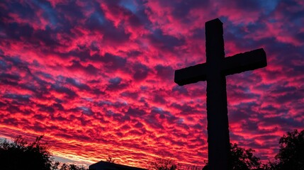 Poster - Cross silhouette set against a striking red and blue sky