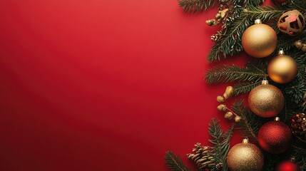 Poster - Festive arrangement featuring golden holiday ornaments and evergreen branches on a vibrant red backdrop Flat lay design with ample space for text