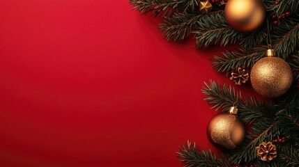 Poster - Festive arrangement featuring golden holiday ornaments and evergreen branches on a vibrant red backdrop Flat lay design with ample space for text