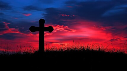 Poster - Cross silhouette set against a striking red and blue sky
