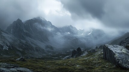 Fototapete - Moody artistic panorama of a dark alpine landscape