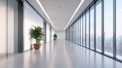 Poster - A well lit and roomy vacant corridor in a contemporary office structure featuring expansive windows and a sleek minimalist aesthetic