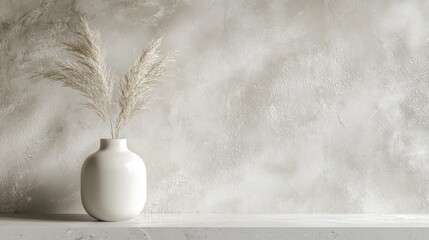 Poster - Minimalist mockup featuring a white ceramic vase on a shelf or table against a textured marble wall highlighting interior design with decorative elements and ample copy space