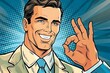 © moonart - Smiling man in a suit giving an okay sign with a bright pop art background