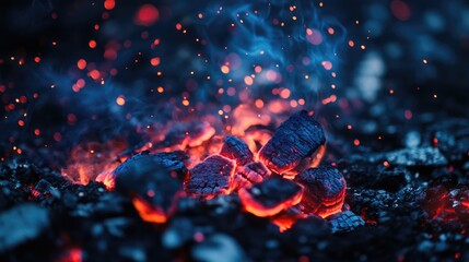 Poster - Vibrant red and blue sparks illuminate dark coals capturing the essence of heat and energy