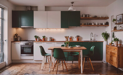 Poster - Kitchen with a green counter top and white cabinets. A table with four chairs and a sink
