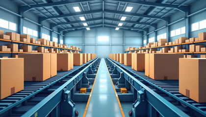 Aufkleber - Automated conveyor belt system sorts packages in modern warehouse. Cardboard boxes move along multiple parallel conveyor belts. Shelving holds packages. Industrial tech optimizes logistics process.