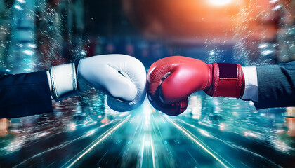 business battle: a dramatic close-up of two boxing gloves poised for impact, symbolizing fierce comp