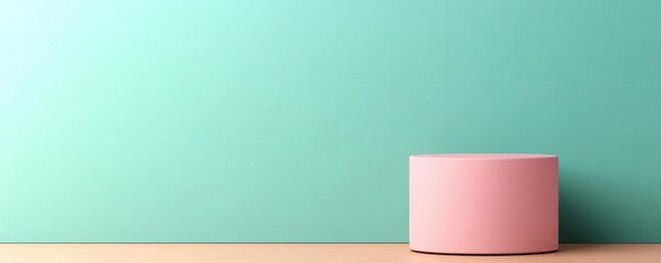 Poster - A minimalist scene featuring a pastel pink cylindrical object against a soft teal wall, creating a calming and modern aesthetic.