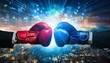 © photostockatinat - Business Competition: Red and Blue Boxing Gloves Clash.  A dramatic image depicting two businesspeople facing off, their boxing gloves poised for a fierce competition against a vibrant city backdrop.