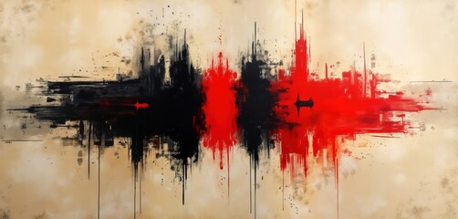 Poster - Abstract urban landscape painting. Strong contrast between red, black. Paint strokes create rough texture. Looks like city scene industrial area. Artwork uses grunge, minimalist style. Painterly