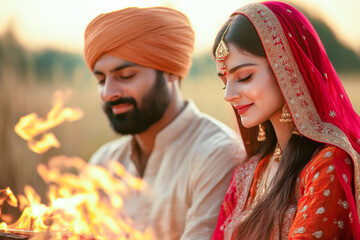 Beautiful Punjabi couple In punjabi attire celebrating Lohri festival