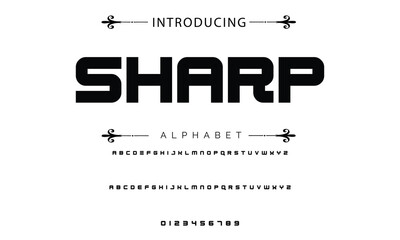 Poster - Modern techno font, futuristic line type of english alphabet letters and numbers. Minimal tech typeface vector typography. Future technology digital abc characters font, modern double line symbols