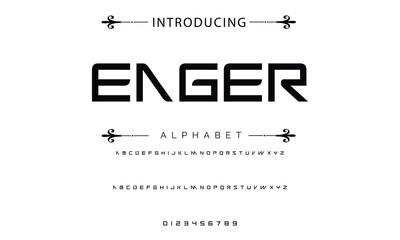 Poster - Modern techno font, futuristic line type of english alphabet letters and numbers. Minimal tech typeface vector typography. Future technology digital abc characters font, modern double line symbols