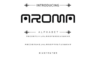 Poster - Modern techno font, futuristic line type of english alphabet letters and numbers. Minimal tech typeface vector typography. Future technology digital abc characters font, modern double line symbols