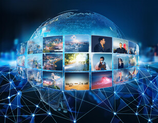 Wall Mural - internet data flow or blogging concept with many digital life style screens and polygonal lines