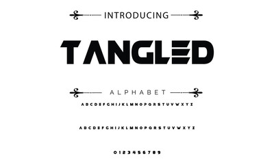 Poster - Modern techno font, futuristic line type of english alphabet letters and numbers. Minimal tech typeface vector typography. Future technology digital abc characters font, modern double line symbols