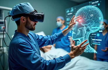 Aufkleber - Surgeon wearing VR headset examines patient data visualized on holographic display. Medical team collaborates in futuristic clinic. Advanced tech improves diagnostics. High-tech operation in modern
