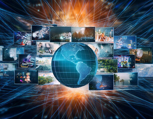 Wall Mural - internet data flow or blogging concept with many digital life style screens and polygonal lines