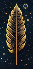 Aufkleber - Golden celestial feather design. Star map with geometric shapes. Zodiac signs in feather shape. Dark blue background. Night sky. Bright gold accents. Unique visual art. Elegant and mysterious design.