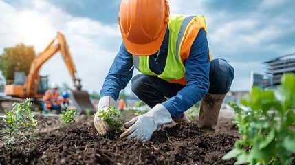 Construction worker planting seeds urban garden action shot outdoor environment close-up perspective sustainability focus