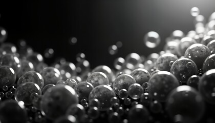 Poster - Abstract macro shot of many transparent, shiny balls with moon-like reflections floating in dark background. Circular shapes create visually appealing composition of ethereal, elegant liquid