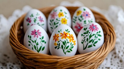 Wall Mural - Vintage wicker basket filled with hand-painted Easter eggs, delicate floral designs in muted tones, surrounded by lace doilies, classic Easter feel 