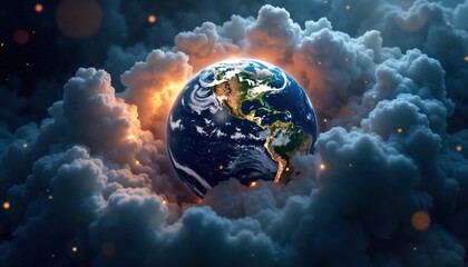 Aufkleber - Earth glows brightly enveloped in cosmic cloud of smoke. City lights illuminate planet. Dark dramatic atmosphere. Beautiful celestial scene. Planet in universe. Space exploration. Mysterious beauty.