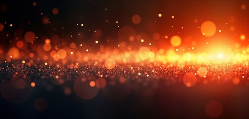 Poster - Abstract illustration shows bright orange, yellow light effects. Sparkling particles create glow, shine against dark background. Visual impact evokes warm energy, excitement. Design mesmerizing
