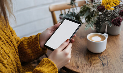 Wall Mural - Woman using smartphone at a cafe table