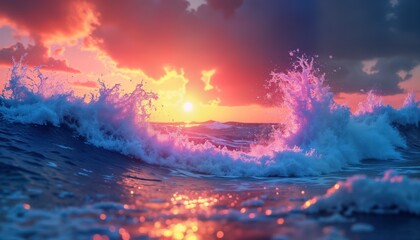 Poster - Colorful ocean waves crash at sunset. Multicolored vibrant colors light up foamy wave tops. Sunrise or sunset over horizon. Water surface sparkles with light. Dynamic, powerful. Surreal, beautiful.