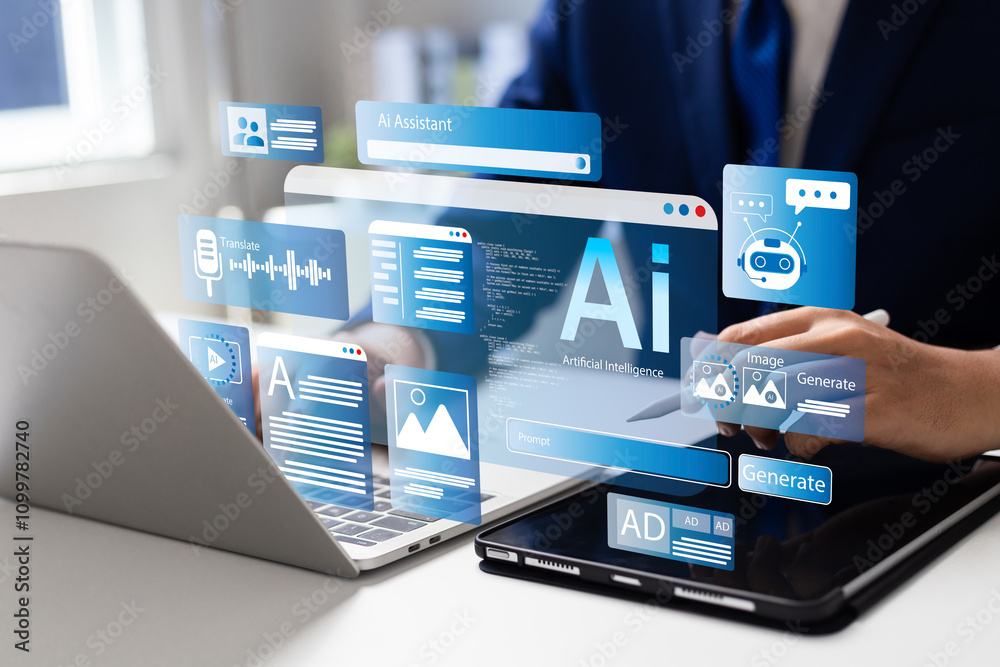 Ai, Artificial intelligence, Man uses laptop to access artificial ...