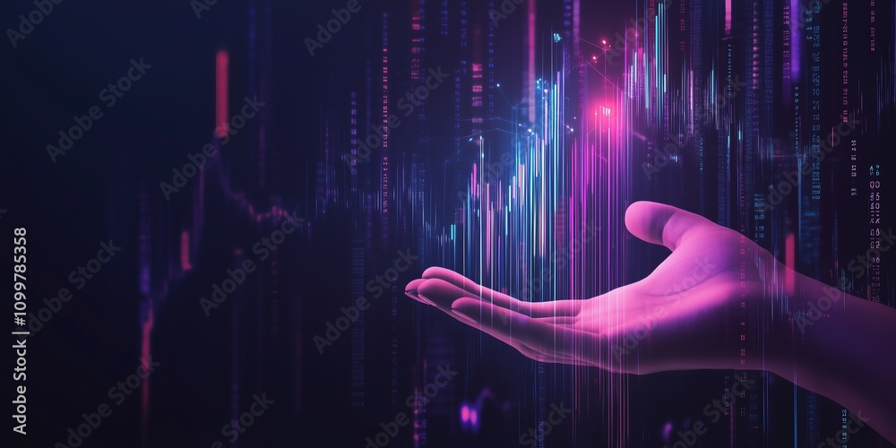 Hand holding a rising bar graph amidst floating stock market tickers ...