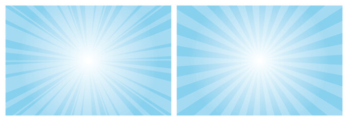 Poster - Blue sun ray vector background set. Sky blue radial beam sunrise or sunset light retro design illustration. Light sunburst glowing background.