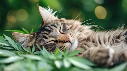 Large Maine Coon cat reclines on hemp leaves CBD oil serves as a sedative and pain relief in veterinary care