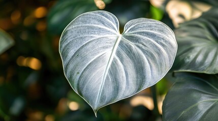 Poster - Close up of a large mature leaf from an exotic Philodendron variety known for its striking silver toned foliage