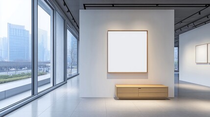 Poster - Interior of a light exhibition space featuring a drawer expansive window and a blank mockup frame