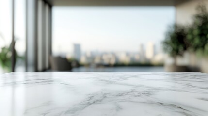 Poster - Empty marble table with a blurred interior terrace backdrop ideal for product placements and mockup designs