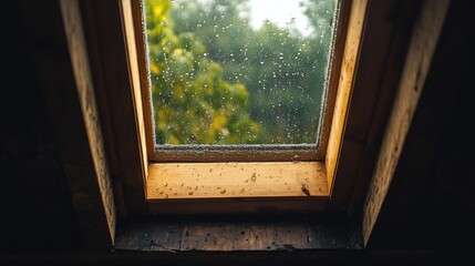 Poster - A slightly open attic window with raindrops running down the glass creating a blurred view outside
