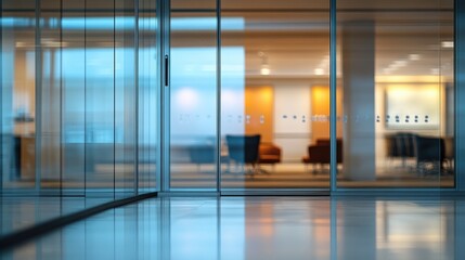 Poster - Blurry background of a business office environment featuring an empty reception area and softly illuminated meeting room through glass wall windows