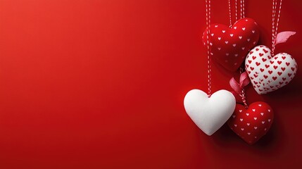 Poster - Minimalistic Valentine s Day background featuring red and white hearts suspended on a ribbon against a vibrant red backdrop providing ample copy space for messaging
