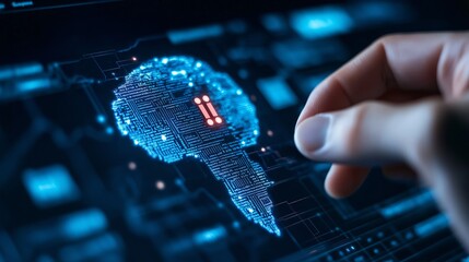 Poster - Concept of Artificial Intelligence Represented by Neural Network Visualization with Human Hand Interacting with Digital Brain Structure