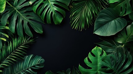 Poster - Close up of assorted dark green tropical leaves bunches isolated on a black background featuring a clipping path Perfect for design templates and frames with space for text